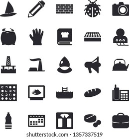 Solid vector icon set - brick wall flat vector, teapot, cookbook, flour, bread, ladybird, gloves, oil production platform, factory, drop, pills, diagnostics, ultrasound, calendar, telephone, pencil