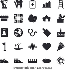 Solid vector icon set - brick wall flat vector, cook hat, cutting board, spice, egg, cake, porridge, ham, ladder, battery, oil pumping, motherboard, robotics, heart, stethoscope, broken tooth, moon