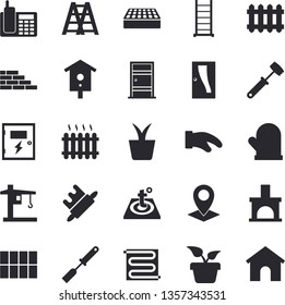 Solid vector icon set - brick wall flat vector, ladder, Entrance door, tile, switch box, warm floor, potholder, kitchen spatula, rolling pin, meat hammer, nesting, home plant, fireplace, crane