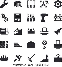Solid vector icon set - brick wall flat vector, hook, cogwheel, drill screwdriver, paint brush, roller, hard hat, barrier, rake, wrench, mining, case, document, recruitment, folder, meeting, printer