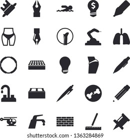 Solid vector icon set - brick wall flat vector, faucet, measure, rolling pin, robotics, marker, idea, helicopter, bone fracture, lungs, ink pen, pencil, bulb, buttocks, waistline, swimming, hoop