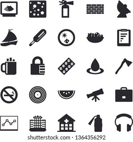 Solid vector icon set - brick wall flat vector, ax, cheese, watermelon, salad, drop, satellite antenna, case, graphic report, sailboat, pill packaging, hospital, ultrasound, thermometer, coffee