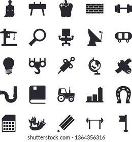 Solid vector icon set - brick wall flat vector, hook, pipes, bell pepper, hot peppers, horseshoe, tractor, paint brush, lamp, crane, satellite antenna, SIM card, chart, syringe, office chair, pencil