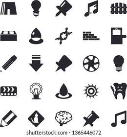 Solid vector icon set - brick wall flat vector, fence, ventilation, lamp, conveyor, drop, DNA, broken tooth, drawing pin, pencil, brain, athletic shorts, baggage claim fector, sun, pets allowed