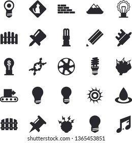 Solid vector icon set - brick wall flat vector, energy saving lamp, rolling pin, fence, ventilation, conveyor, drop, idea, DNA, drawing, pencil, bulb, brainstorm, sun fector, pets allowed, mountains