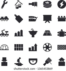 Solid vector icon set - brick wall flat vector, sink, tile, flooring, cutting board, spaghetti on a fork, piece of cake, fish rolls, pancakes, greenhouse, ventilation, wrench, flipchart, meeting