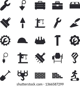 Solid vector icon set - brick wall flat vector, hook, concrete mixer, trowel, tool bag, hard hat, repair, putty knife, construction plummet, hammer, shovel, crane, wrench, Treadmill