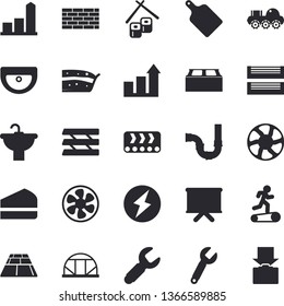 Solid vector icon set - brick wall flat vector, sink, pipes, flooring, cutting board, piece of cake, fish rolls, greenhouse, ventilation, conveyor, wrench, chart, paper tray, lightning