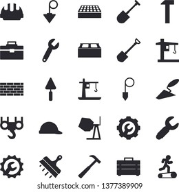 Solid vector icon set - brick wall flat vector, hook, concrete mixer, trowel, tool bag, hard hat, repair, putty knife, construction plummet, hammer, shovel, crane, wrench, Treadmill