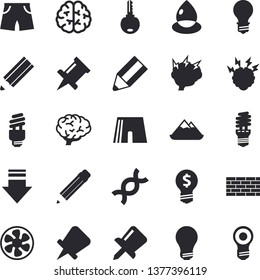 Solid vector icon set - brick wall flat vector, ventilation, lamp, energy saving, drop, idea, DNA, drawing pin, pencil, bulb, fector, brainstorm, brain, athletic shorts, mountains, download, key