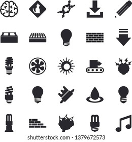 Solid vector icon set - brick wall flat vector, energy saving lamp, rolling pin, ventilation, conveyor, drop, DNA, pencil, bulb, fector, brainstorm, brain, sun, pets allowed, download, note