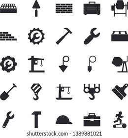 Solid Vector Icon Set - Brick Wall Flat Vector, Hook, Concrete Mixer, Trowel, Tool Bag, Hard Hat, Repair, Putty Knife, Construction Plummet, Hammer, Shovel, Crane, Wrench, Treadmill