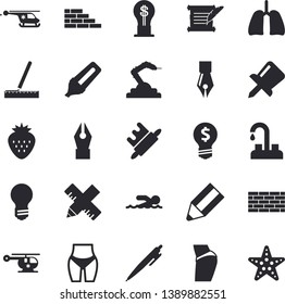 Solid vector icon set - brick wall flat vector, faucet, measure, rolling pin, Strawberry, robotics, marker, idea, helicopter, lungs, drawing, ink pen, pencil, bulb, hostory roll, buttocks, waistline
