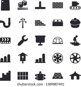 Solid vector icon set - brick wall flat vector, pipes, tile, flooring, cutting board, cupcake, fish rolls, nesting box, greenhouse, ventilation, power line support, conveyor, wrench, chart, meeting