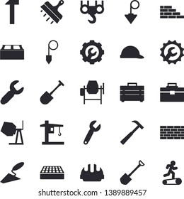 Solid vector icon set - brick wall flat vector, hook, concrete mixer, trowel, tool bag, hard hat, repair, putty knife, construction plummet, hammer, shovel, crane, wrench, Treadmill