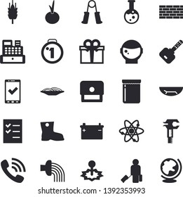 Solid vector icon set - brick wall flat vector, spaghetti, onion, jam, ear, hose irrigation, gumboots, accumulator, laser, trammel, phone call, present, cash machine, to do list, stamp, flask, atom