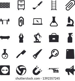 Solid vector icon set - brick wall flat vector, saw, ladder, ladle, knives, cutting board, pulverizer, chemistry, socket, magnifier, microscope, helicopter, briefcase, clip, ink pen, archive, laptop