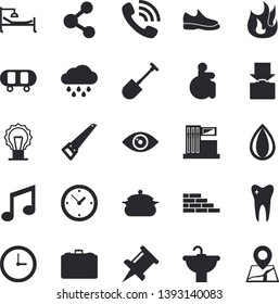 Solid vector icon set - brick wall flat vector, saw, sink, saucepan, fire, shovel, rain, gas station, case, phone call, disabled, hospital bed, tooth, drawing pin, sneakers, skateboard, share, clock