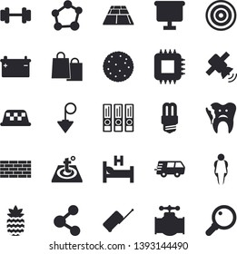 Solid vector icon set - brick wall flat vector, energy saving lamp, construction plummet, flooring, warm floor, induction cooker, biscuit, pineapple, main pipeline, accumulator, motherboard, bags