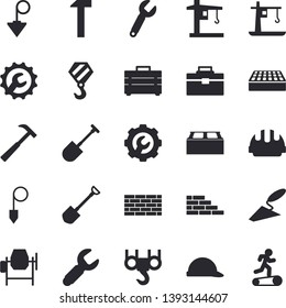 Solid vector icon set - brick wall flat vector, hook, concrete mixer, trowel, tool bag, hard hat, repair, construction plummet, hammer, shovel, crane, wrench, Treadmill