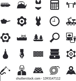 Solid vector icon set - brick wall flat vector, cogwheel, flooring, saute, teapot, double boiler, hose, forest, welding, ultrasound, clock, ink pen, magnifier, scientist, calculator, lunar rover