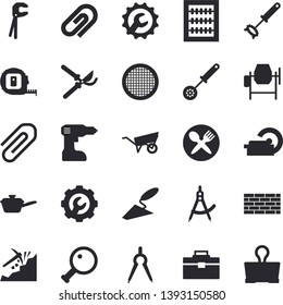 Solid vector icon set - brick wall flat vector, concrete mixer, trowel, wheelbarrow, tool, drill screwdriver, tape measure, bag, repair, saute, kitchen spoon, whisk, sieve, secateurs, dividers, clip