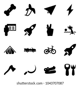 Solid vector icon set - broken bone vector, banana, paper plane, lightning, presentation, rocket, victory, palm, tent, cabrio, bike, axe, sickle, crocodile, shovel fork toy