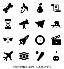 Solid vector icon set - broken bone vector, banana, pear, account history, sand clock, telescope, paper fly, bungalow, dragonfly, rocket, movie flap, plane, carbon, baseball bat, yoyo