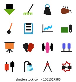 solid vector icon set - broom vector, rake, towel, shower, chicken leg, drawing compass, clipboard, presentation, graph, japanese candle, man, arrow down, boxing glove, fitness mat, server