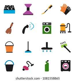 solid vector icon set - broom vector, vacuum cleaner, mop, bucket, sponge, car fetlock, steaming, washer, cleaning agent, rubber glove