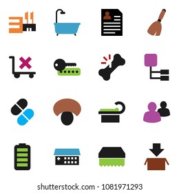 solid vector icon set - broom vector, sponge, mushroom, personal information, no trolley, group, battery, broken bone, pills, hospital building, tomography, hierarchy, bath, mall, password, package