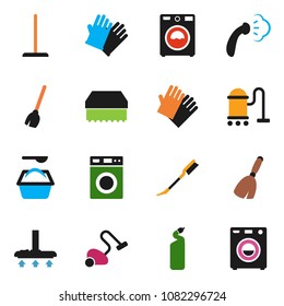 solid vector icon set - broom vector, vacuum cleaner, mop, sponge, car fetlock, steaming, washer, washing powder, cleaning agent, rubber glove