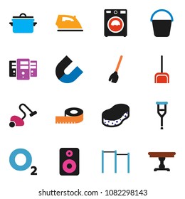 solid vector icon set - broom vector, vacuum cleaner, scoop, bucket, sponge, iron, washer, pan, magnet, measuring, horizontal bar, oxygen, speaker, crutches, server, table