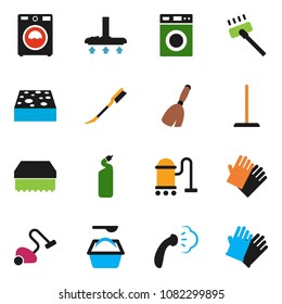 solid vector icon set - broom vector, vacuum cleaner, mop, sponge, car fetlock, steaming, washer, washing powder, cleaning agent, rubber glove