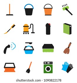 solid vector icon set - broom vector, vacuum cleaner, mop, bucket, sponge, car fetlock, steaming, washer, washing powder, cleaning agent, rubber glove