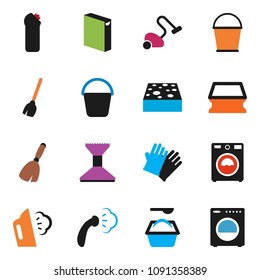 solid vector icon  set - broom vector, vacuum cleaner, bucket, sponge, car fetlock, steaming, washer, washing powder, cleaning agent, rubber glove