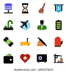 solid vector icon set - broom vector, water tap, cook glove, rolling pin, wallet, sand clock, dollar flag, safe, heart cross, plane, client, battery, patch, network server, router