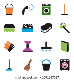 solid vector icon set - broom vector, vacuum cleaner, mop, bucket, sponge, car fetlock, steaming, washer, washing powder, rubber glove