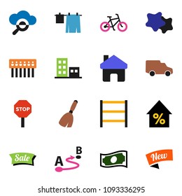 solid vector icon set - broom vector, splotch, drying clothes, cash, percent growth, bike, car, route, shelving, cloud glass, hub, home, stop, apartments, sale, new