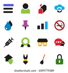 solid vector icon set - broom vector, water drop, medal, swimsuite, no smoking, sorting, thumbtack, syringe, cloud exchange, menu, message, user, home protect, mailbox, store, lock