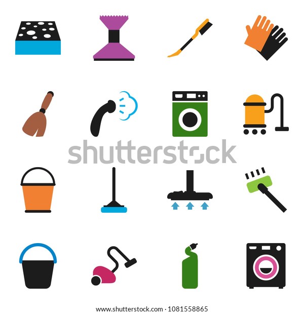 solid vector icon set - broom vector, vacuum\
cleaner, mop, bucket, sponge, car fetlock, steaming, washer,\
cleaning agent, rubber\
glove