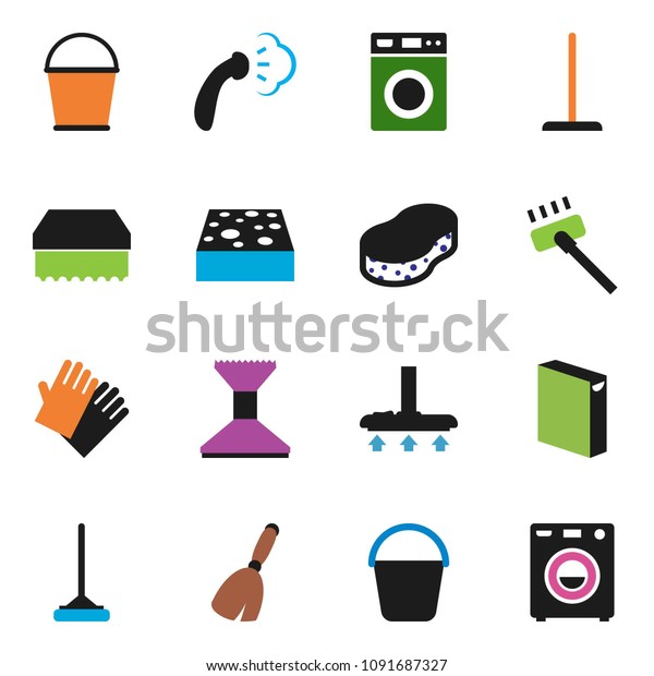 solid vector icon set - broom vector, vacuum
cleaner, mop, bucket, sponge, car fetlock, steaming, washer,
washing powder, rubber
glove