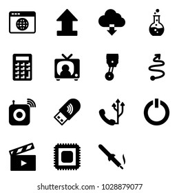 Solid vector icon set - browser globe vector, uplooad, download cloud, round flask, calculator, tv news, piston, trip, wireless speaker, usb wi fi, phone, standby button, movie flap, cpu