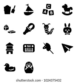 Solid vector icon set - bucket scoop vector, sailboat toy, abc cube, rocking horse, constructor blocks, beanbag, caterpillar, rabbit, block house, piano, unicorn stick, paper plane, duck