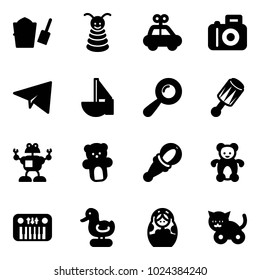 Solid vector icon set - bucket scoop vector, pyramid toy, car, camera, paper plane, sailboat, beanbag, robot, bear, piano, duck, russian doll, cat