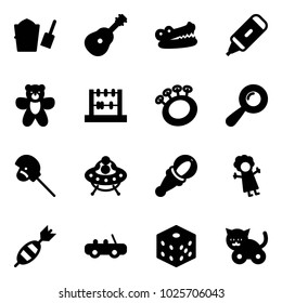 Solid vector icon set - bucket scoop vector, guitar, crocodile, marker, bear toy, abacus, beanbag, horse stick, ufo, doll, dart, car, bones, cat