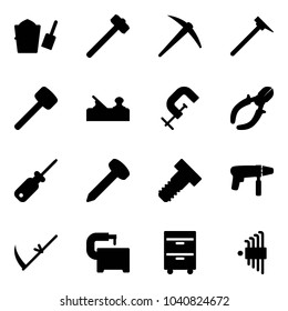 Solid vector icon set - bucket scoop vector, sledgehammer, axe, mason hammer, rubber, jointer, clamp, side cutters, screwdriver, nail, bolt, drill machine, scythe, tool, cabinet, allen key set