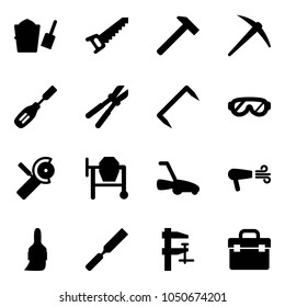 Solid vector icon set - bucket scoop vector, saw, hammer, axe, chisel, bolt cutter, staple, protective glasses, Angular grinder, cocncrete mixer, lawn mower, dryer, brush, rasp, clamp, tool box