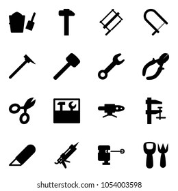 Solid Vector Icon Set - Bucket Scoop Vector, Hammer, Bucksaw, Fretsaw, Mason, Rubber, Wrench, Side Cutters, Scissors, Tool Box, Pipe Welding, Clamp, Work Knife, Gun Sealant, Laser Lever