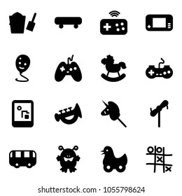 Solid vector icon set - bucket scoop vector, skateboard, joystick wireless, game console, balloon smile, rocking horse, gamepad, horn toy, unicorn stick, windmill, bus, monster, duck, Tic tac toe